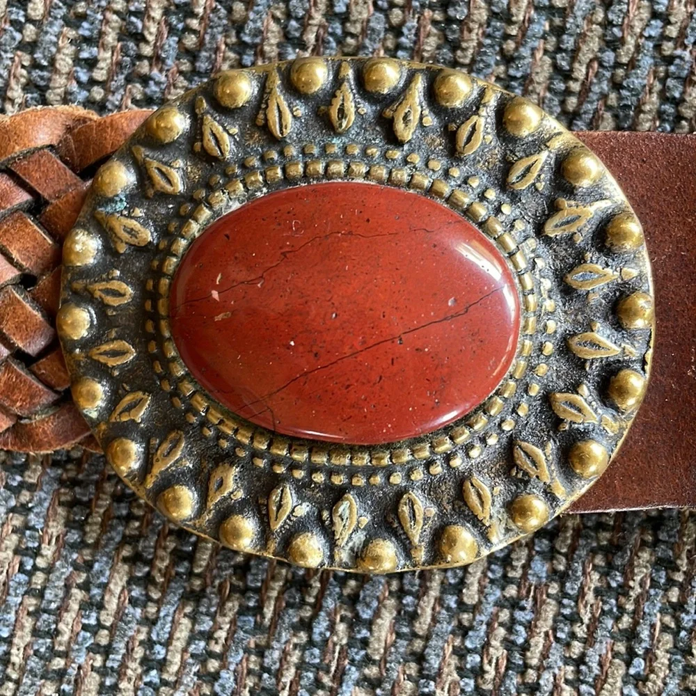 Woven Vintage Leather Belt with Brass Buckle and Stone Accents, size M/L - Picture 7 of 8